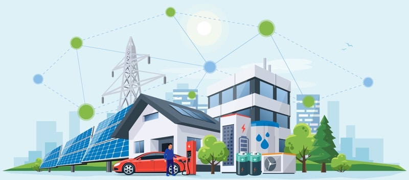 Smart,Renewable,Energy,Power,Grid,System.,Off-grid,Building,City,Battery Smart renewable energy power grid system. Off-grid building city battery storage sustainable island electrification. Electric car charging with solar panels, wind, high voltage power grid and city.